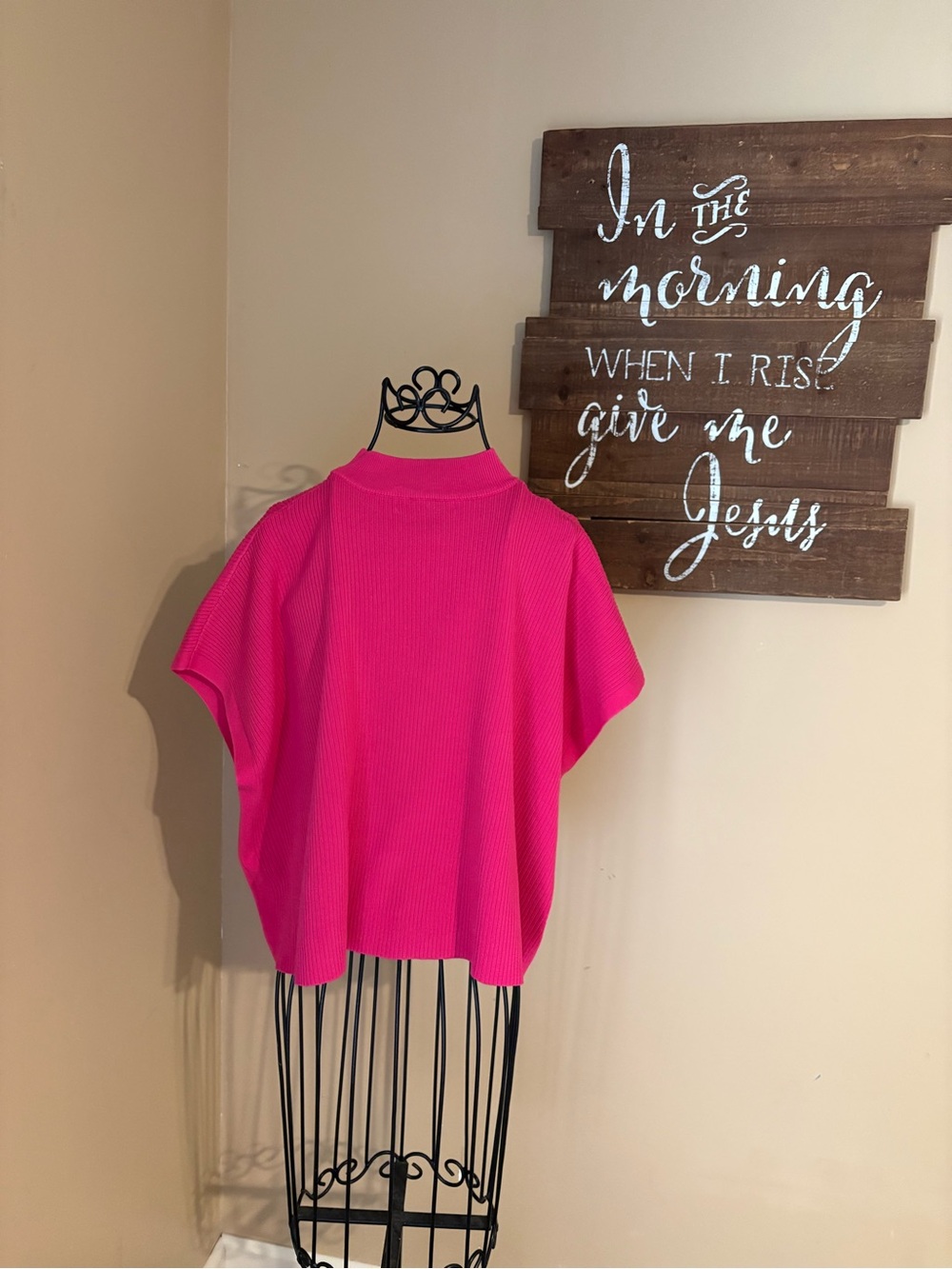 Zenana Outfitters Hot Pink Ribbed Mock Neck Poncho Sweater - Picture 3 of 3